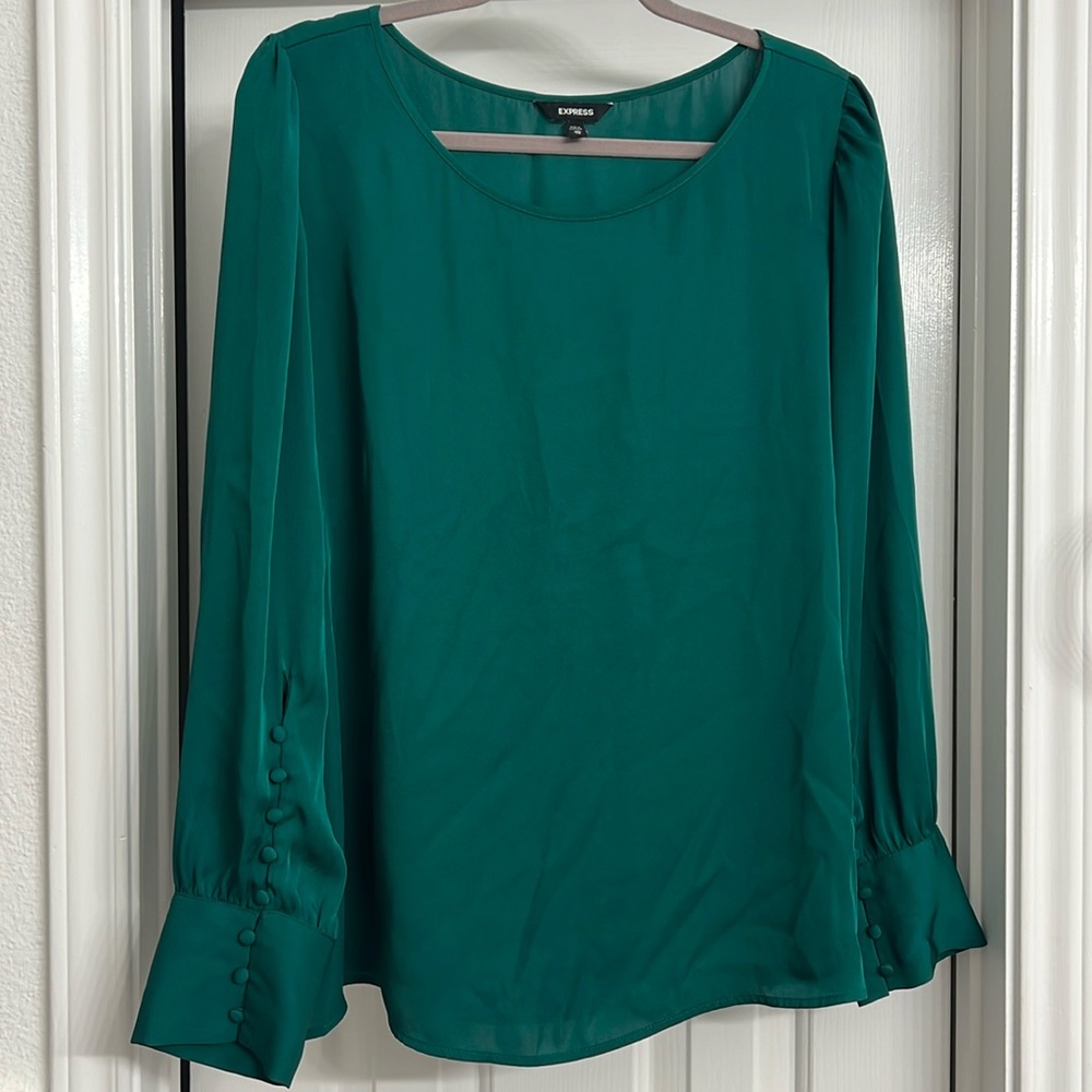 Express Green Long Sleeve Top w/ Button Sleeve Detail